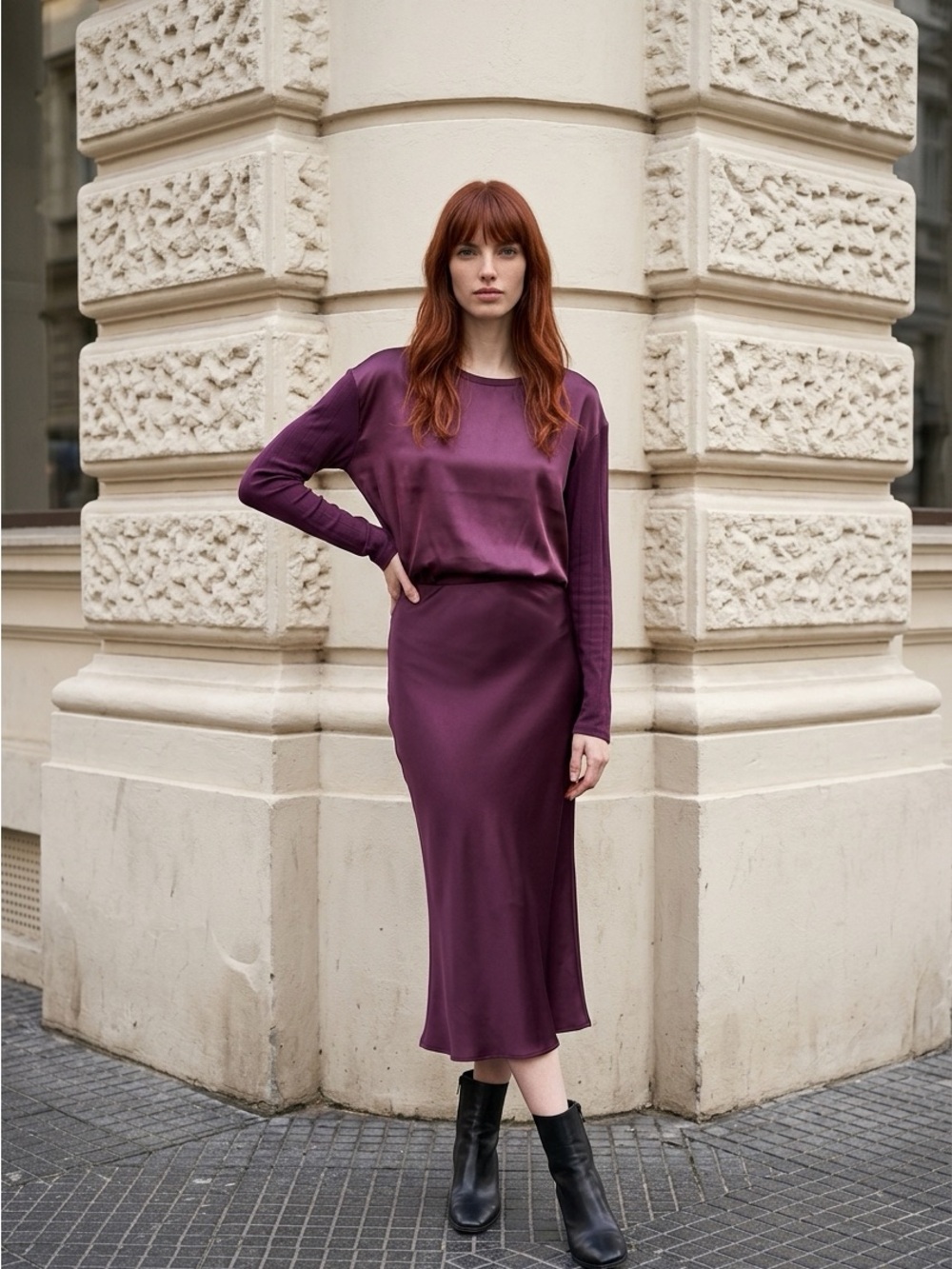 Simply Styled Long Sleeve Satin-Look Top in Plum